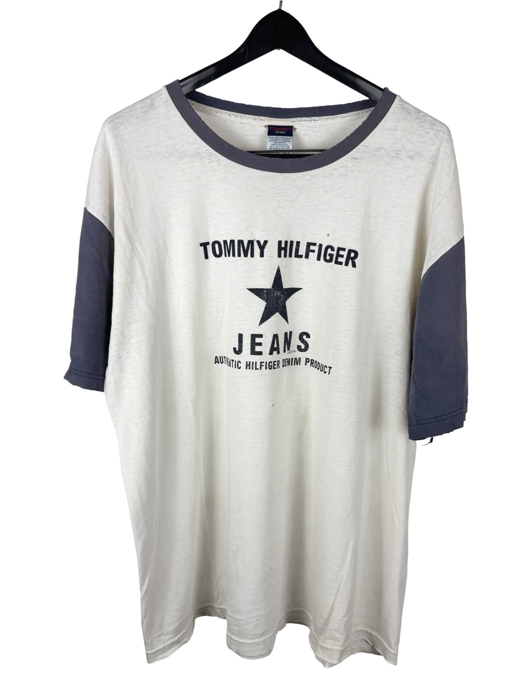 Vintage 90s Tommy Hilfiger Jeans Ringer Star Logo White Graphic Shirt Size XL